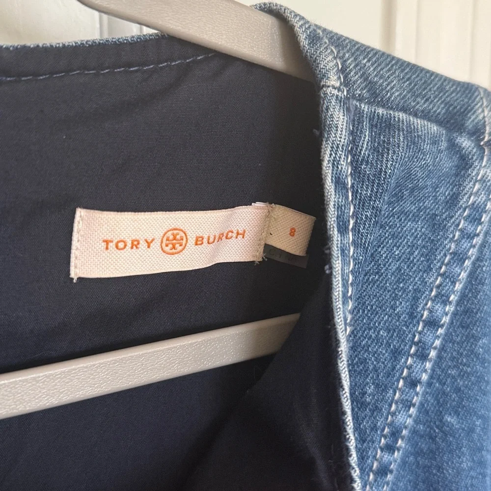 Tory Burch Nadia Denim Blue Dress Zip Front Mini Short Sleeve Pockets